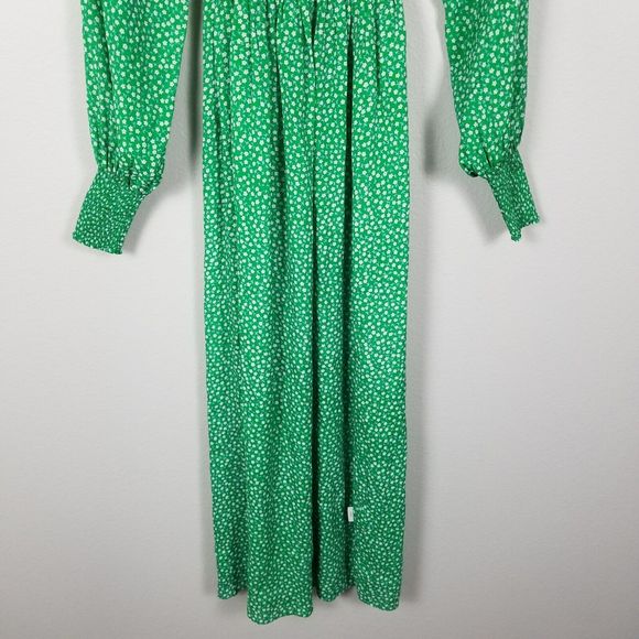 Rixo Marianne Green Micro Floral Smocked Prarie Silk Blend Midi Dress Size XXS - Picture 10 of 14
